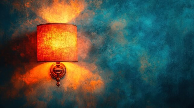 Warm orange wall lamp illuminating textured teal wall
