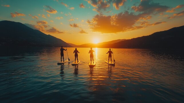 A group of friends enjoying a sunset paddleboarding session on a calm lake  - Powered by Adobe