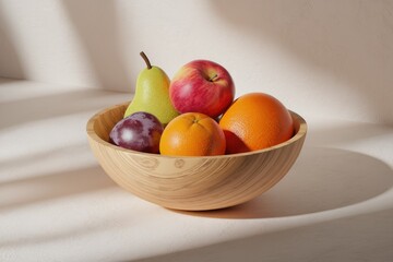A wooden bowl filled with fresh fruits like apples, oranges, pears, and plums, bathed in sunlight.