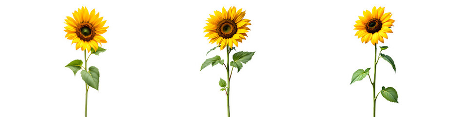 Three vibrant sunflowers transparent background, PNG. A close-up, studio shot of three isolated sunflowers with detailed petals and leaves.