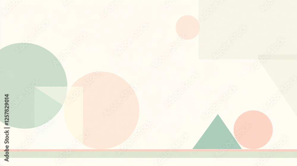 Poster abstract composition of pastel-colored geometric shapes including circles, triangles, and squares on