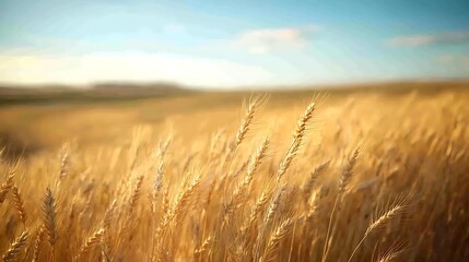 Obraz premium A golden wheat field under the blue sky close up shot, Golden Wheat Field Under Blue Sky,