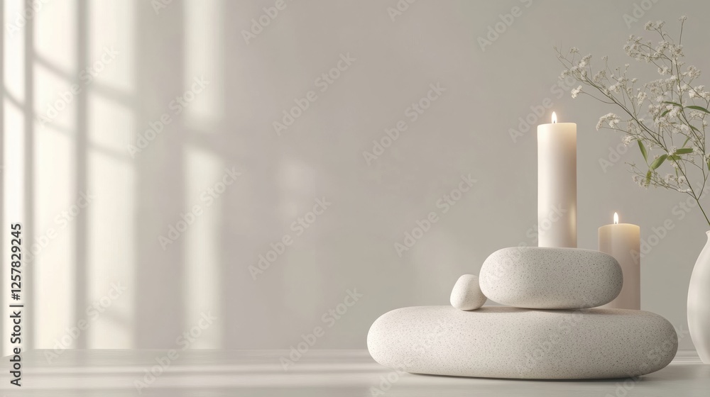 Poster relaxing spa environment featuring smooth massage stones and lit candles creating a tranquil atmosph