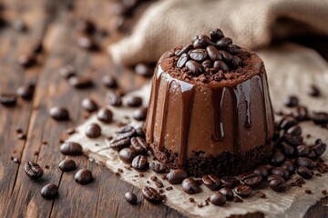Delicious coffee dessert topped with beans on rustic wood