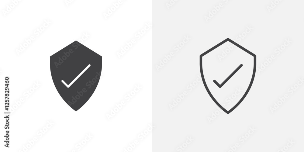 Poster shield check icons vectors illustrations in black fill and liner versions