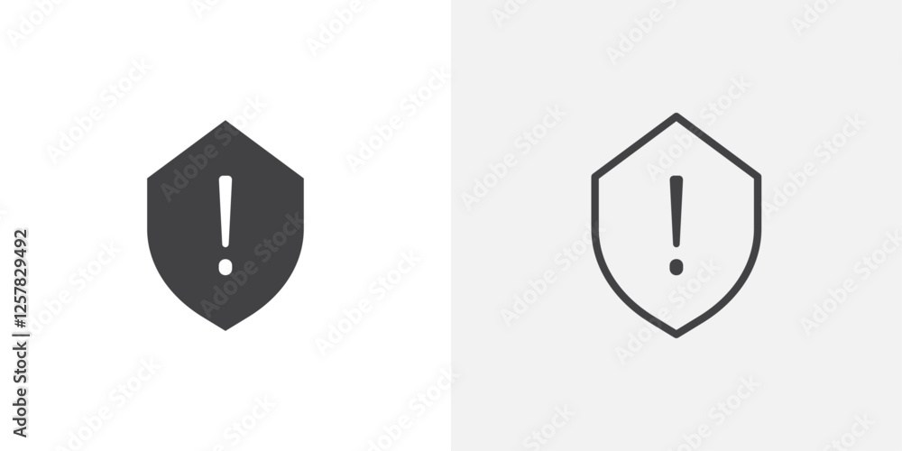 Poster shield exclamation icons vectors illustrations in black fill and liner versions