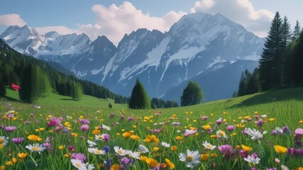 Stunning alpine landscape with blooming flowers, green meadows, and majestic mountains under a bright sky