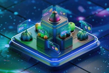 Futuristic fruit and vegetable display with holographic data overlays showcasing quantity, price, and origin.