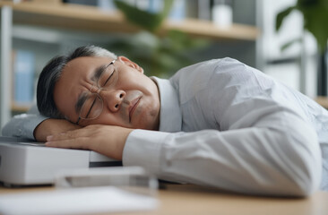 Obraz premium man sighing with exhaustion as he waits for a slow printer to finish.
