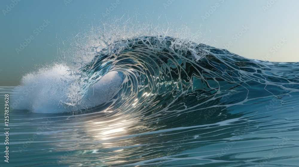 Aufkleber A mesmerizing, translucent ocean wave curls, showcasing its intricate structure and the sunlight reflecting on its surface.