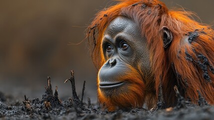 Fototapeta premium Bornean orangutan resting burnt forest