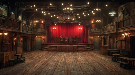 Western saloon interior, stage, courtroom, and saloon scene