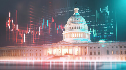 U.S. Capitol with financial chart overlay highlights economic trends, Washington D.C. politics, and global market analysis for strategic insights.