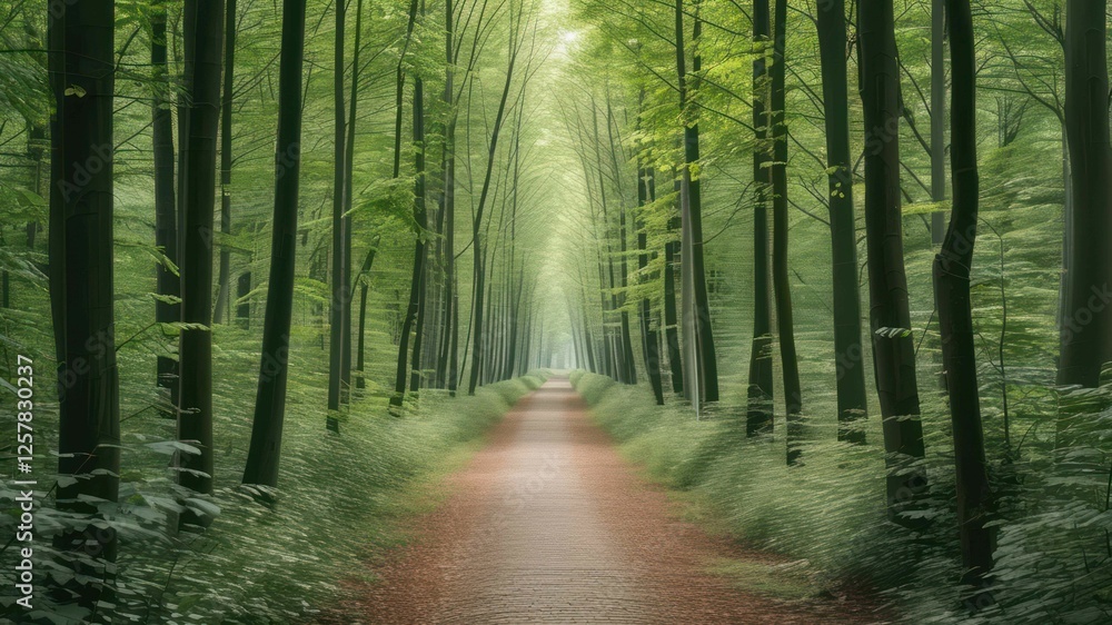 Aufkleber serene forest pathway illuminated by soft sunlight, inviting nature exploration and relaxation in a 