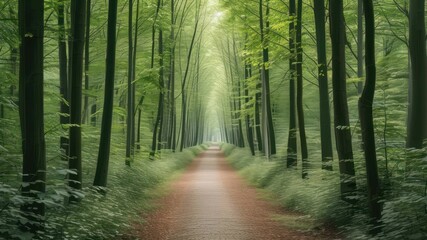 Obraz premium Serene forest pathway illuminated by soft sunlight, inviting nature exploration and relaxation in a tranquil setting