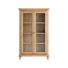 Wooden cabinet with glass doors, isolated on a white background.