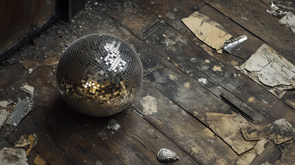 Abandoned Disco Ball on a Decayed Wooden Floor beautiful background