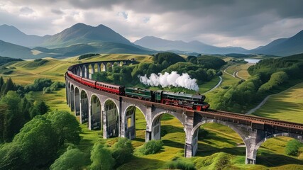 Fototapeta premium Steam train crosses historic viaduct surrounded by lush mountains and scenic landscapes, ideal for travel and adventure themes