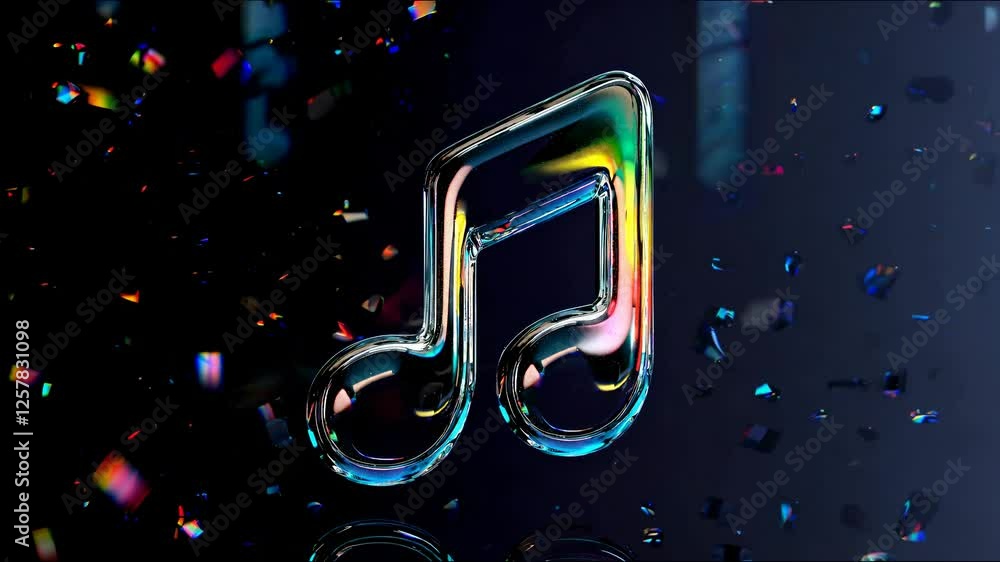 Aufkleber a dynamic 3d animation of a blue music note surrounded by floating shards, viewed from a low angle, 