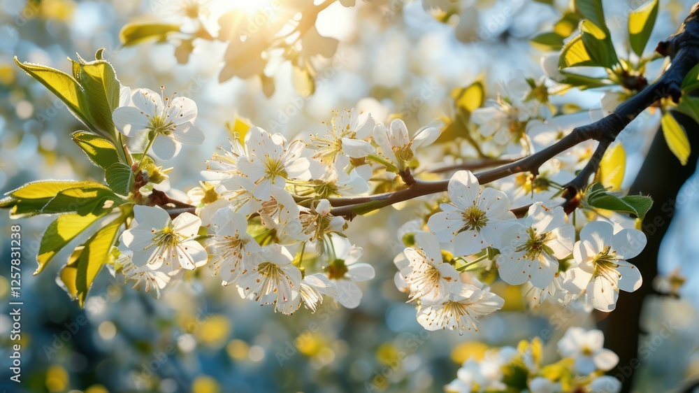 Poster delicate white blossoms on branch with sunlight filtering through, creating a serene spring atmosphe
