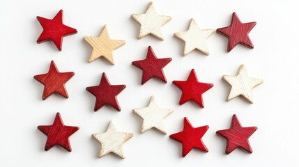 Obraz premium Christmas composition. Wooden decorations, stars on white background. Christmas, winter, new year concept. Flat lay, top view, copy space.