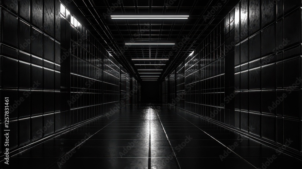Poster futuristic, high tech, dark background, with a square block structure. wall texture with a 3d cube t