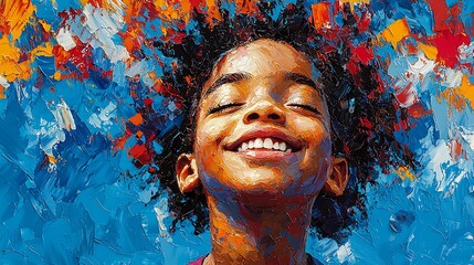 Portrait a joyful African American boy on a bright blue background, his smile radiating happiness and youthful energy.