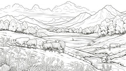 Fototapeta premium grazing coloring book hills