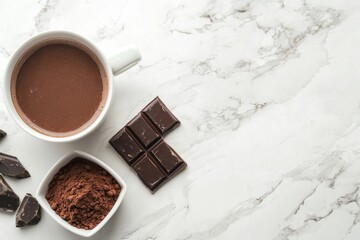 Indulging in warm cocoa bliss a minimalist setup with white cup and chocolate on marble surface cozy home environment aesthetic food photography