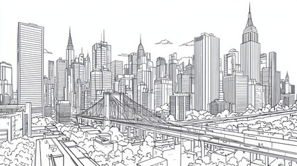 NYC skyline sketch, bridge, highway, urban landscape, architectural design