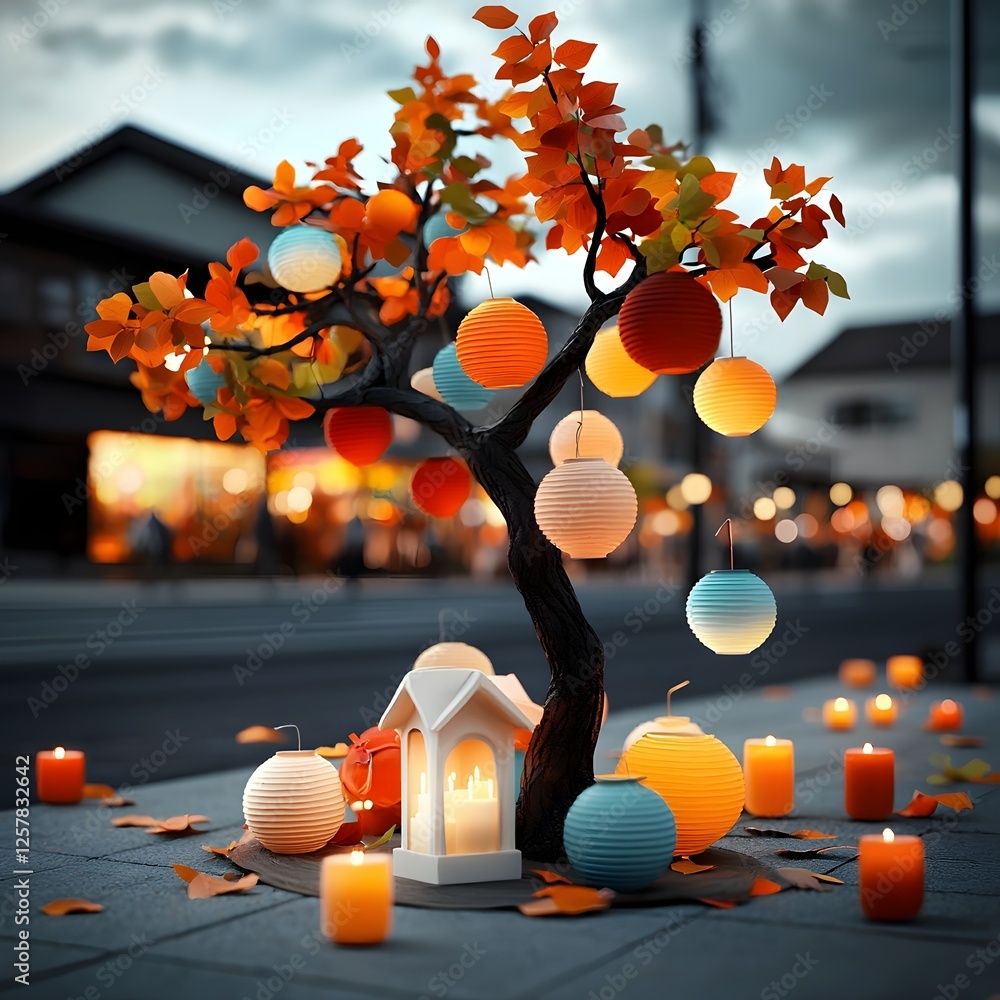 Poster vibrant and whimsical carnival inspired lighting display featuring an array of intricate paper lante