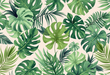 Various tropical leaves, including palm leaves and ferns, arranged in a repeating design. Vector patterns, random pattern