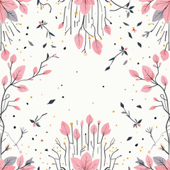 Pink flowers, leaves, and branches with black outlines, scattered throughout a white background. Vector patterns, random pattern