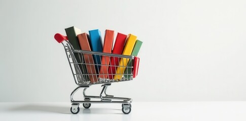 A shopping cart brimming with diverse, colorful books against a clean white backdrop, reading, library