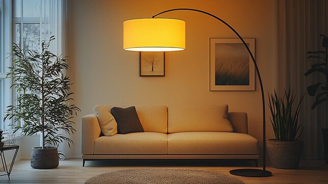 Cozy living room with arc floor lamp, warm lighting, plants