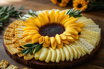 A cheese and cracker platter arranged to look like a blooming sunflower