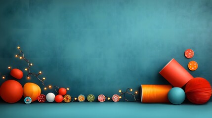 Vibrant and playful carnival themed home decor arrangement featuring a colorful display of paper streamers vintage style game tokens kaleidoscopic wall hangings twinkling fairy lights