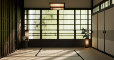 Modern japan style empty room decorated with Lamp and tatami mat.