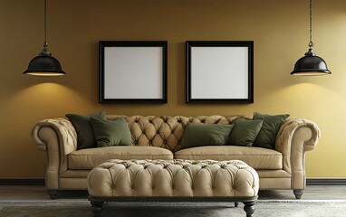 Elegant living room, mustard walls, tufted sofa, empty frames