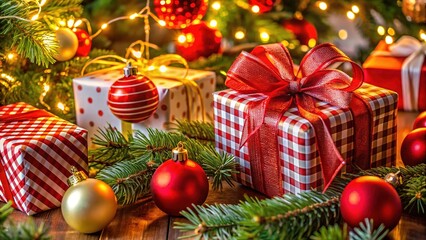 Close-up Christmas gifts, festive new year's eve.