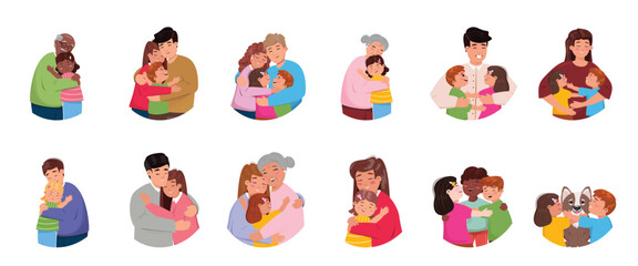 Collection of 12 heartwarming illustrations of embraces, perfect for family, friendship, and celebration themes