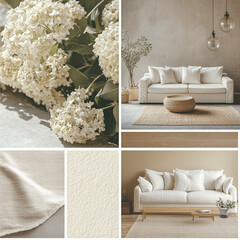 an interior design mood board for a living room, include furniture selections, a rug, wall art, and light fixtures.