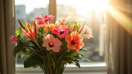 Sunlit floral bouquet near window, city view