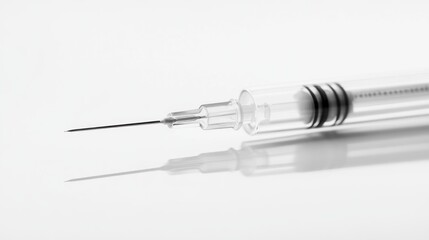 Syringe on reflective surface, medical injection, sterile background, healthcare