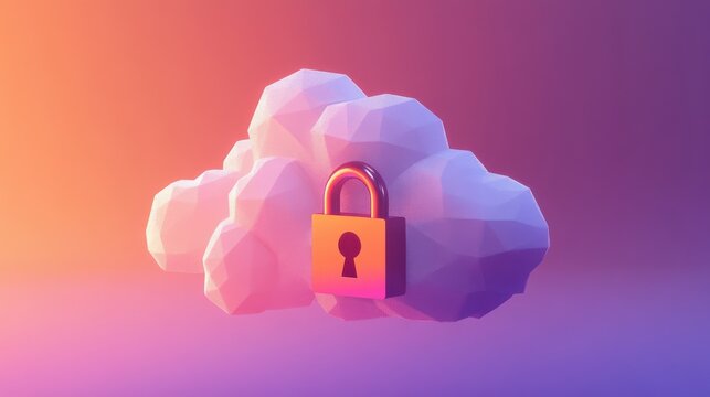 Abstract illustration of cloud security services, stylized cloud icon integrated with a secure padlock symbol, representing data protection and cybersecurity in cloud computing environments.