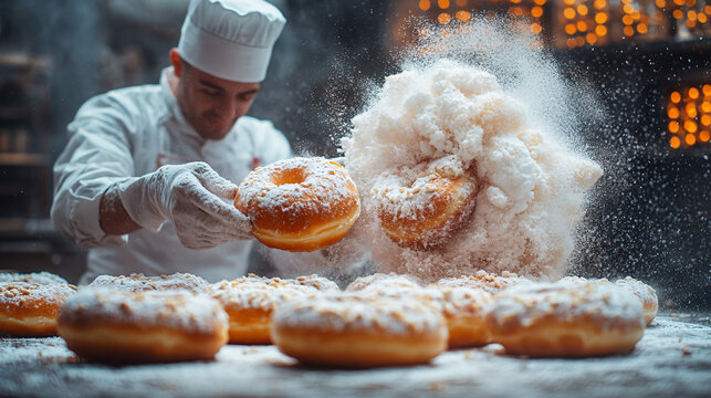 a chef sphing a dough with powder
