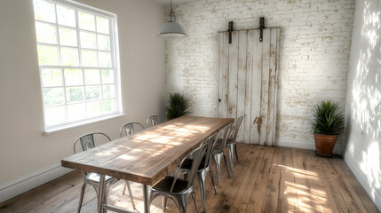 Rustic meeting room, wooden table, brick wall, sunlight