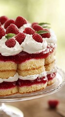 Close up of a layered raspberry and vanilla cream trifle, decorated with fresh raspberries, chantilly and mint leaves