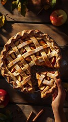 A hand taking a piece of a homemade apple and cinnamon pie with lattice crust. Top view against the wooden background with warm light.