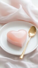 A minimalist heart-shaped dessert in soft pink served with a golden teaspoon on a silk cloth